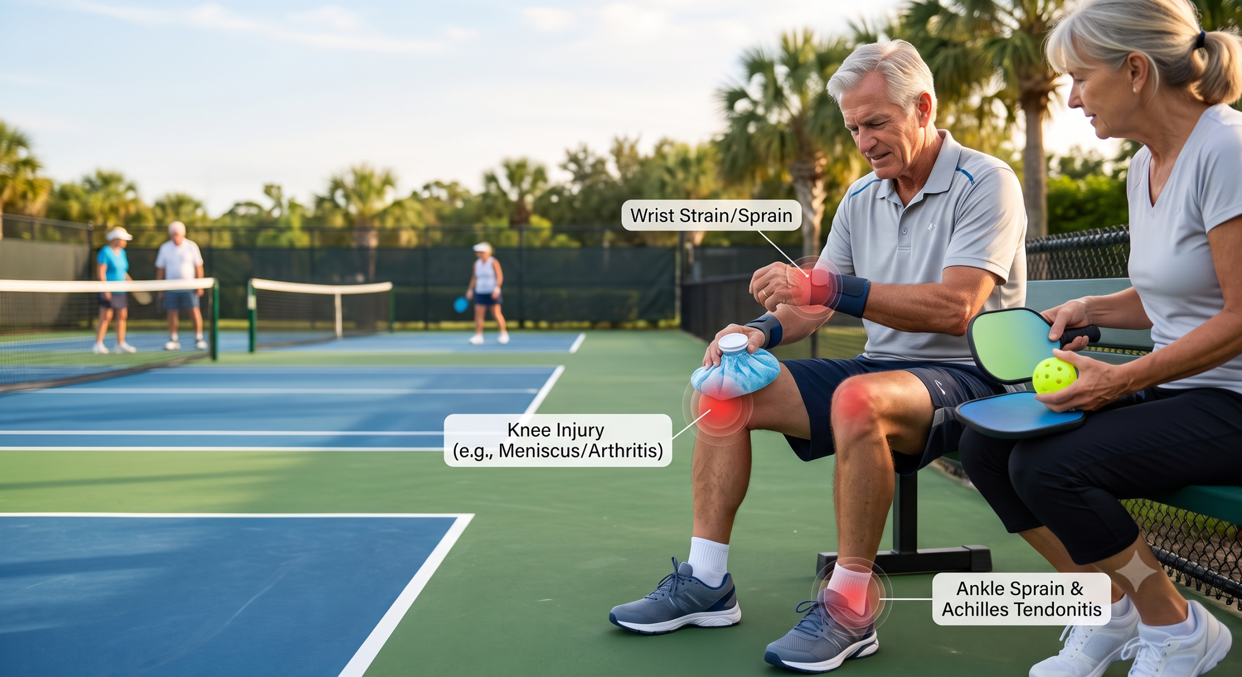 Senior man on a pickleball court bench with graphic labels highlighting wrist, knee, and ankle injuries.